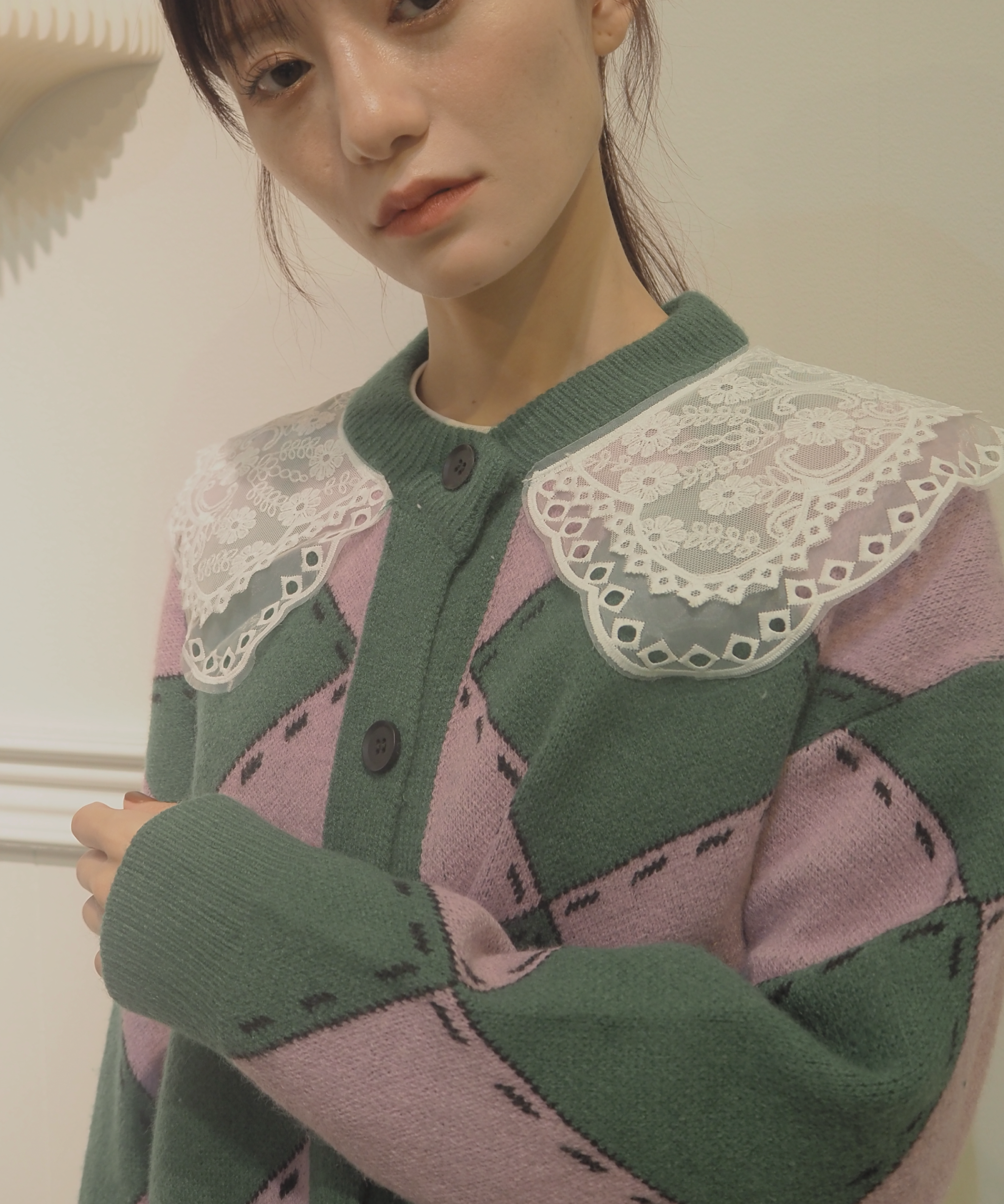 Lace Collar Argyle Cardigan レースカラーアーガイルカーディガン