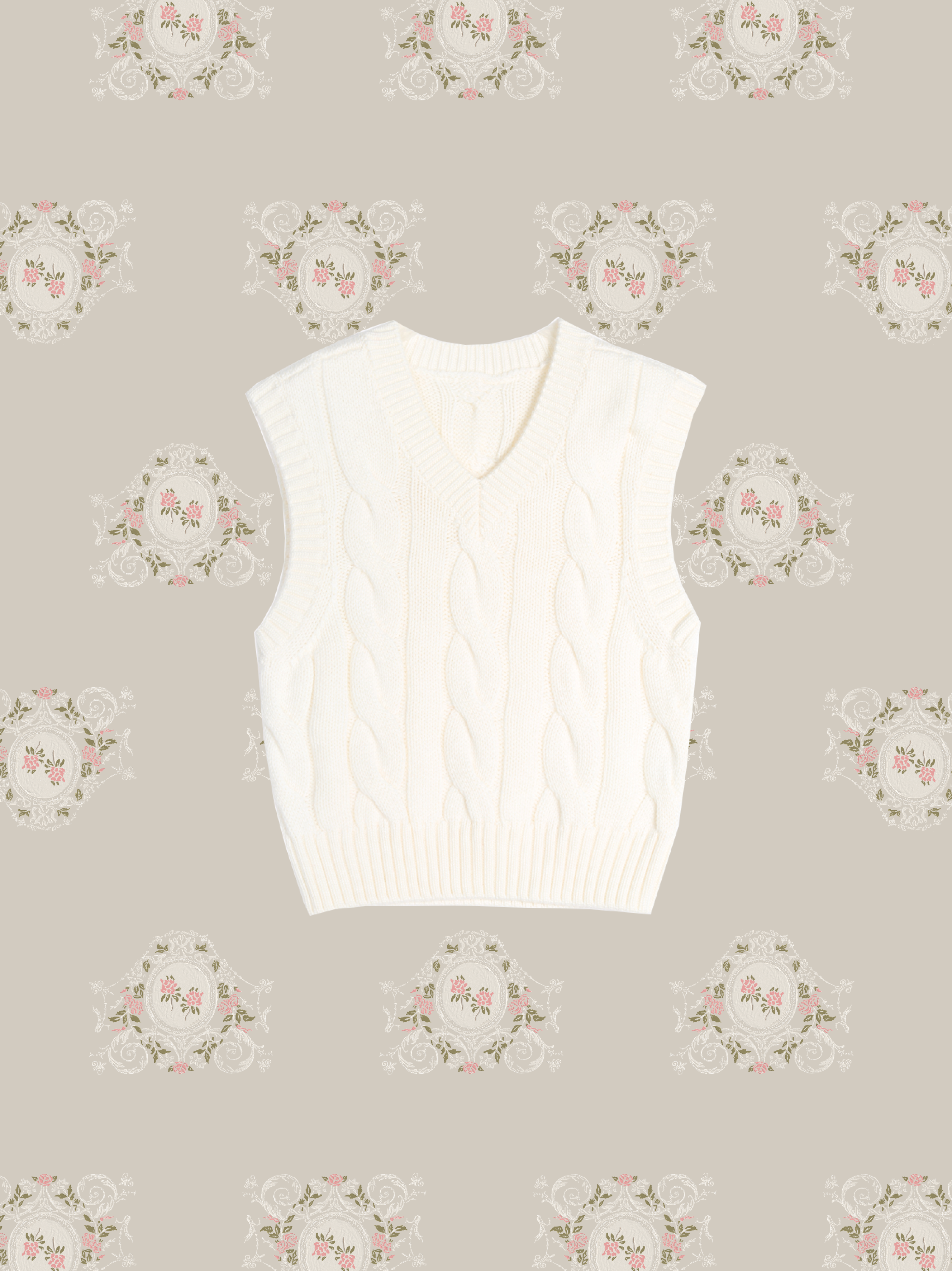 Ivory Wool Cable Knit Vest/アイボリー ウール ケーブル ニット