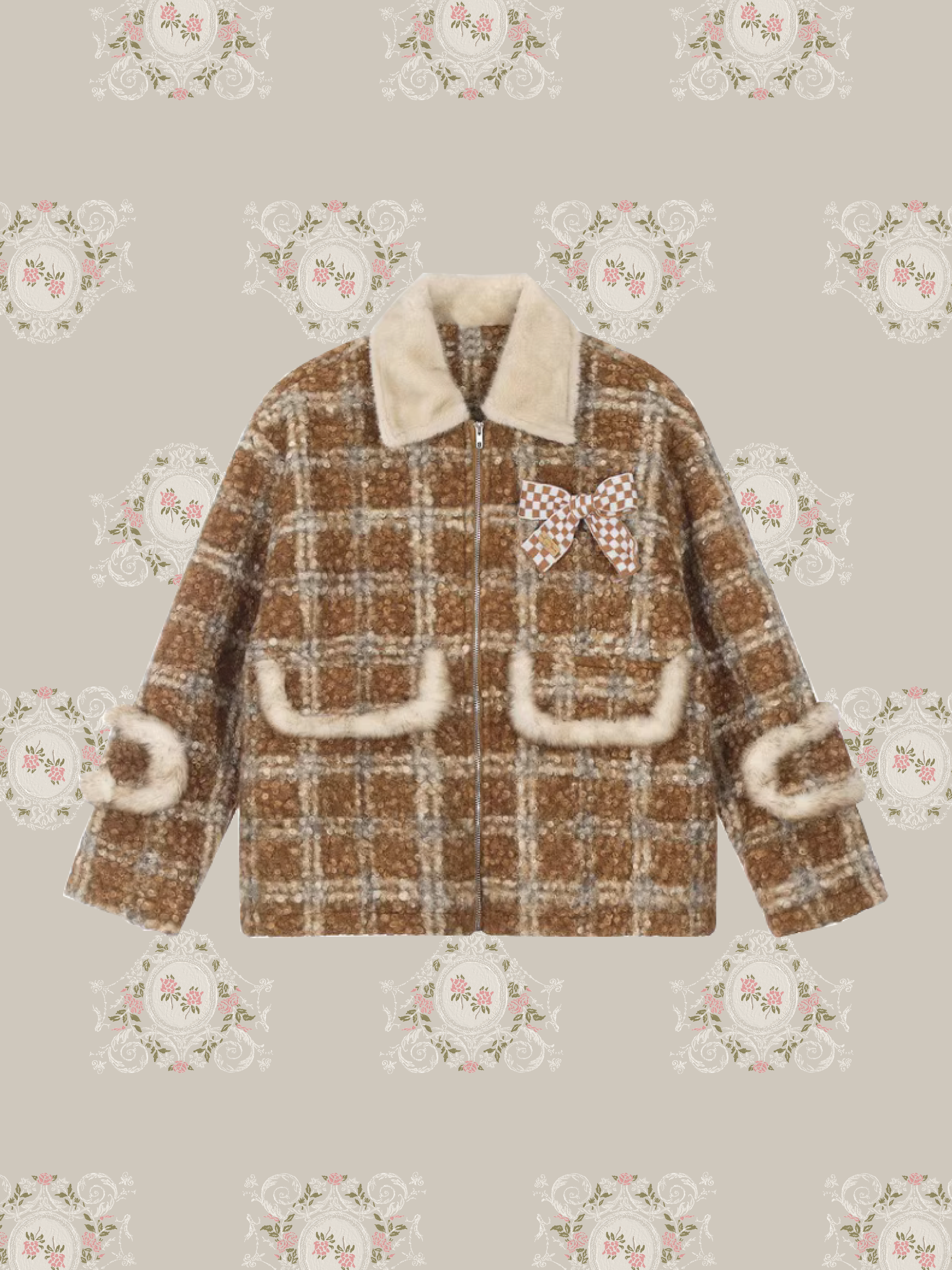 Cute Plaid Fur Ribbon Down Coat/キュートチェック柄ファーリボンダウンコート