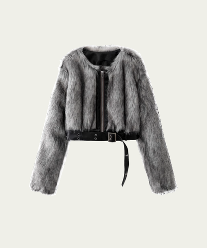 Leather Stitching Faux Fur Jacket