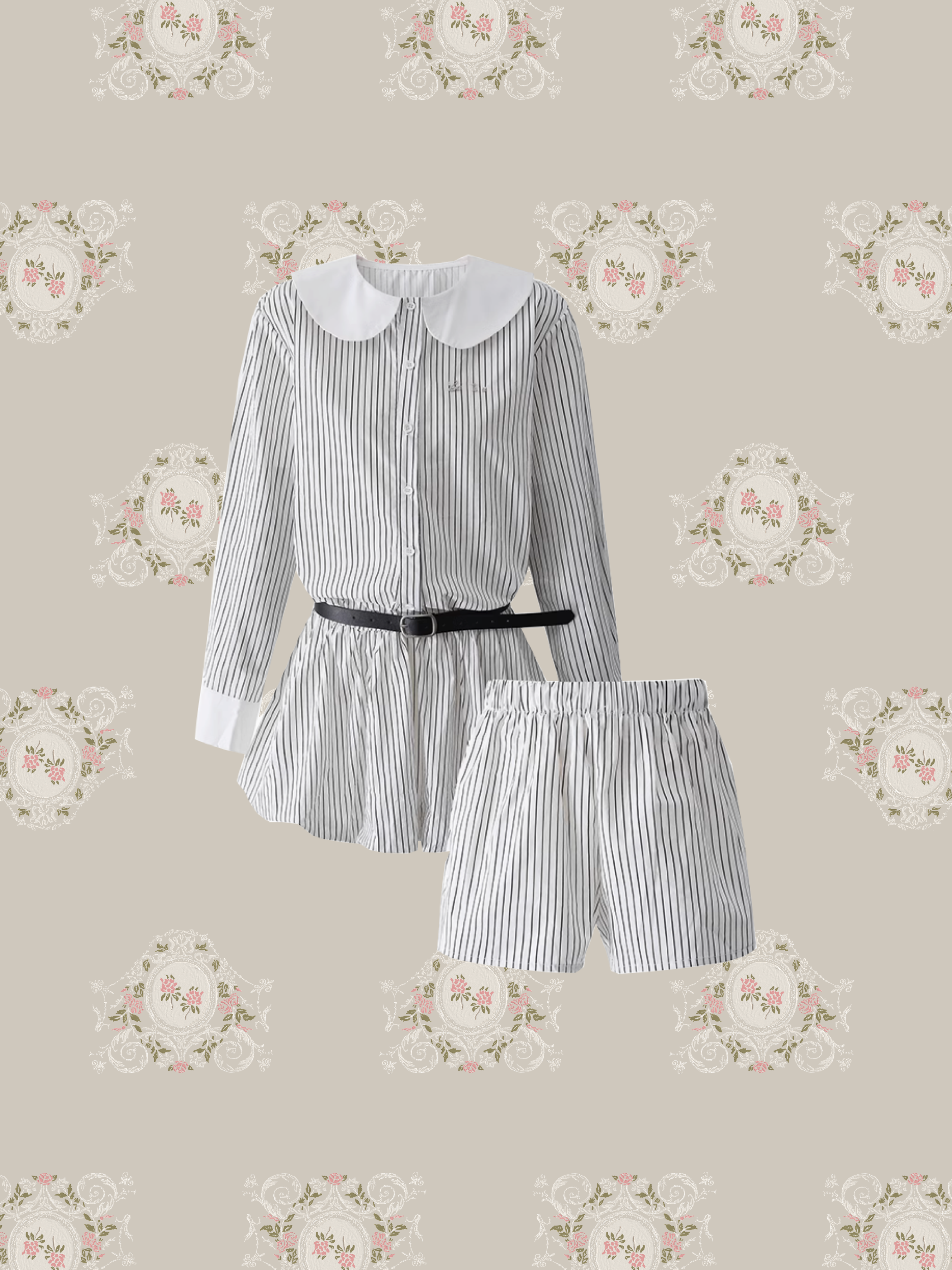 Waisted Baby Collar Stripe One Piece With Pants/ウエストベビーカラーストライプワンピース パンツセット