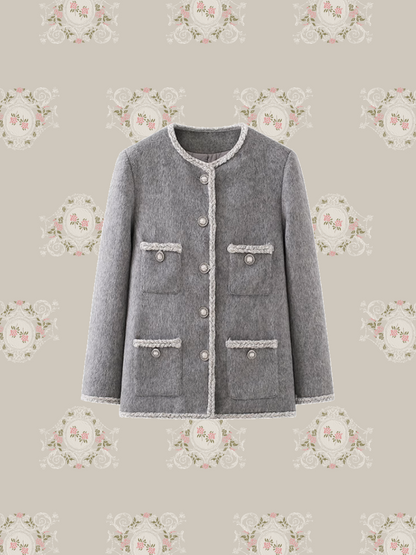 Elegant Round Collar Gray Tweed Coat/エレガントラウンドカラー グレー ツイード コート