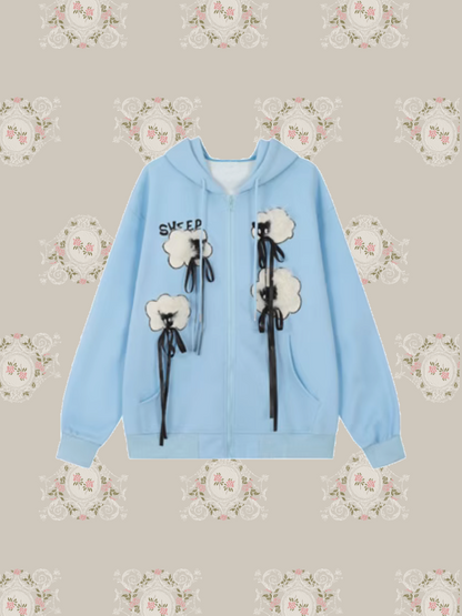 Ribbon Sheep Design Hoodie/リボン羊デザインパーカー