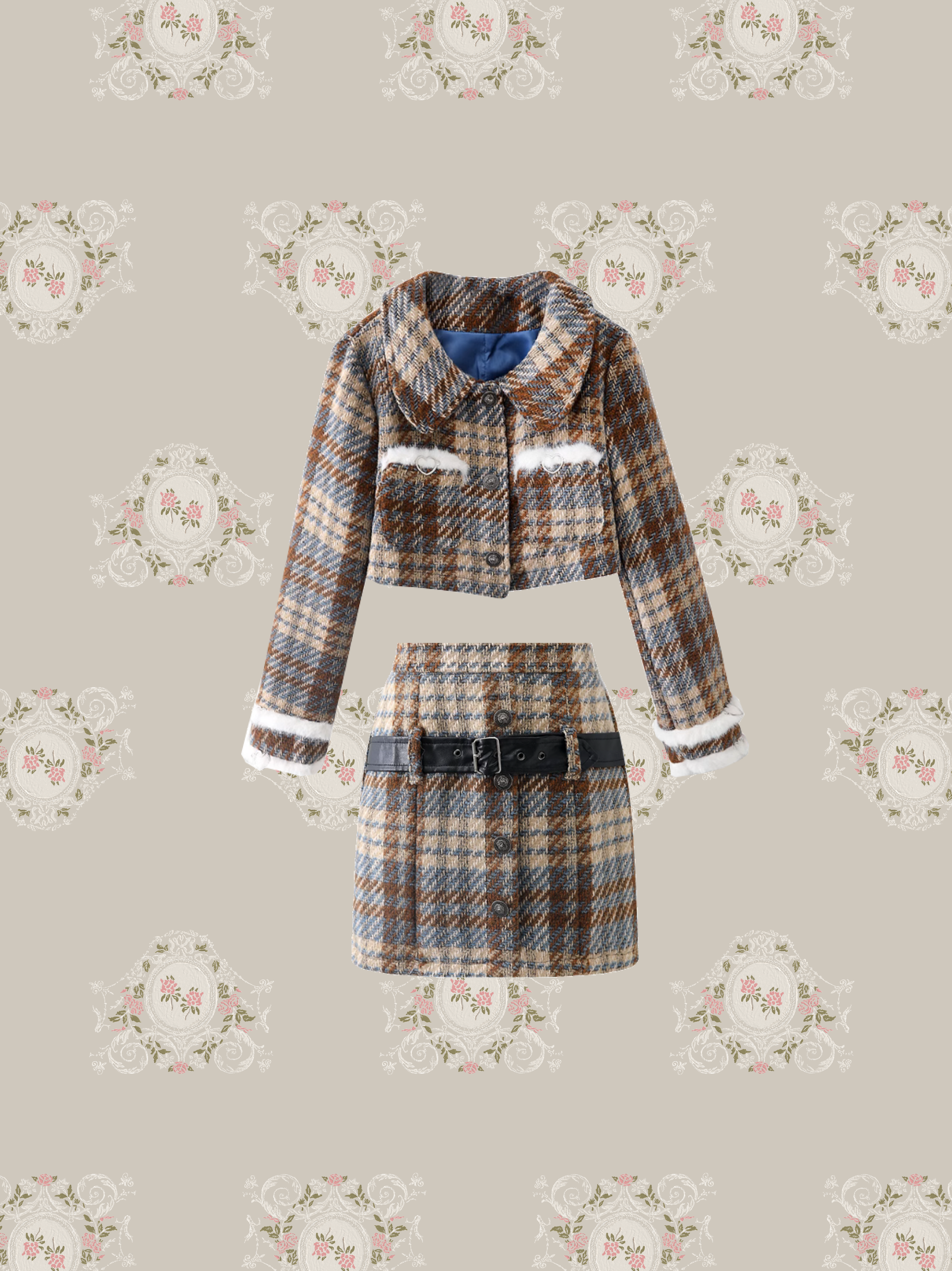 Fluffy Plaid Short Coat Set-Up/ふわふわチェックショートコートセットアップ