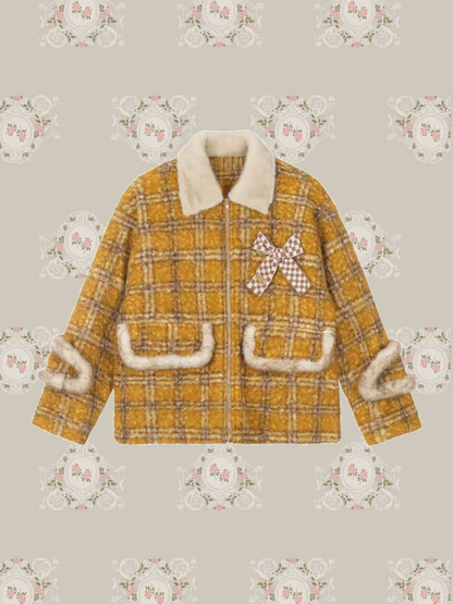 Cute Plaid Fur Ribbon Down Coat/キュートチェック柄ファーリボンダウンコート