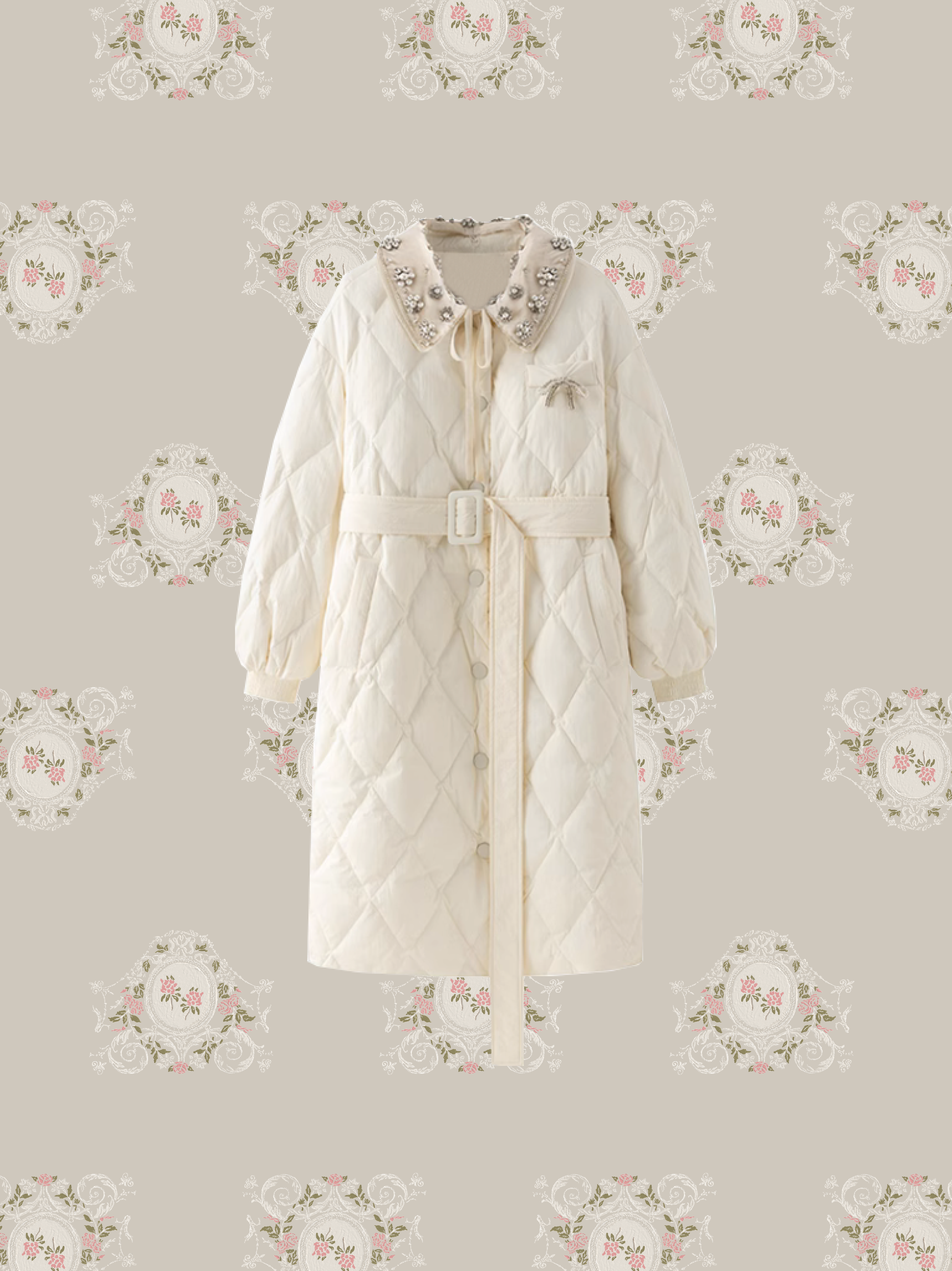 Princess Beading Collar Belted Duck Down Coat/プリンセスビーズカラーベルト付きダックダウンコート