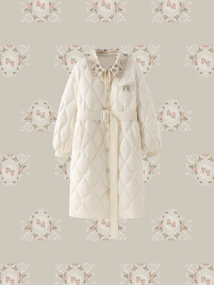 Princess Beading Collar Belted Duck Down Coat/プリンセスビーズカラーベルト付きダックダウンコート