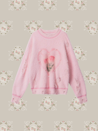 Fluffy Tulip Heart Sweater/ふわふわチューリップハートセーター