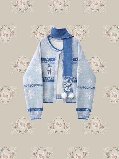 Cheerful Snowman Cardigan With Scarf/スカーフ付きの雪だるまカーディガン