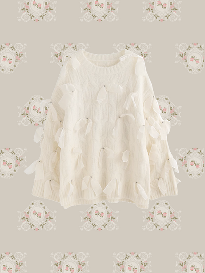 Ivory Mesh Ribbon Deco Sweater アイボリーメッシュ リボン デコ セーター